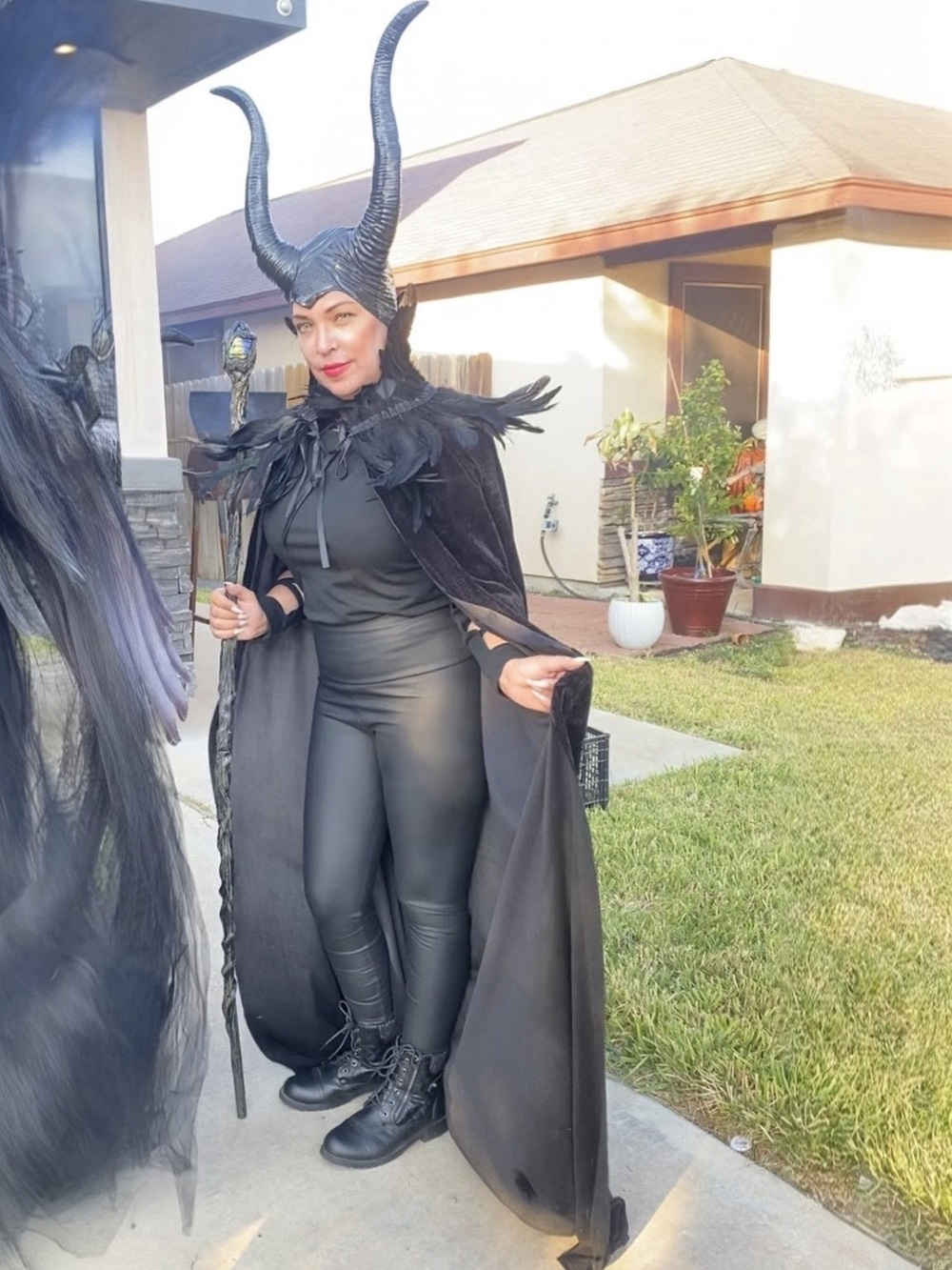 Black Maleficent-Style Woman’s Costume Cape, Feathers and with Horned Headpiece